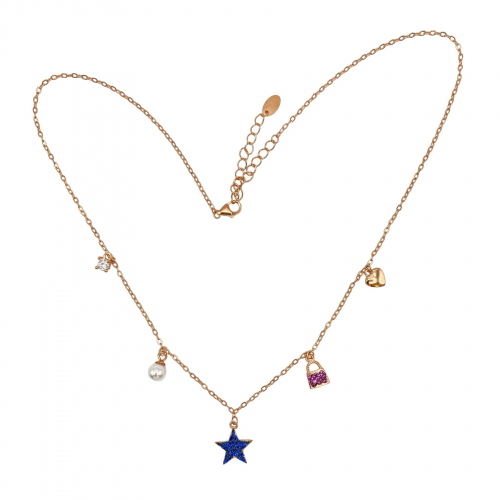 Collana argento bagnato in oro rosa con 5 ciondoli a stelle, lucchetto, perla cuore e zircone